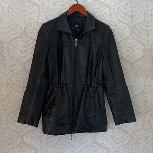 G III New York Black Leather Jacket, Collared, Zipper, Cinched Waist, Pockets, S